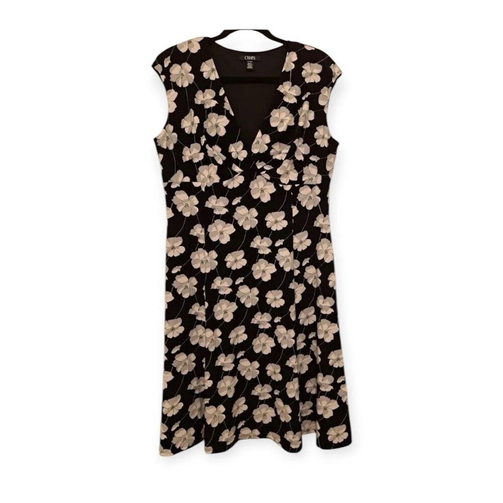 CHAPS XL Navy Floral Dress Knee Length Sleeveless V Neck Stretch Comfy Office